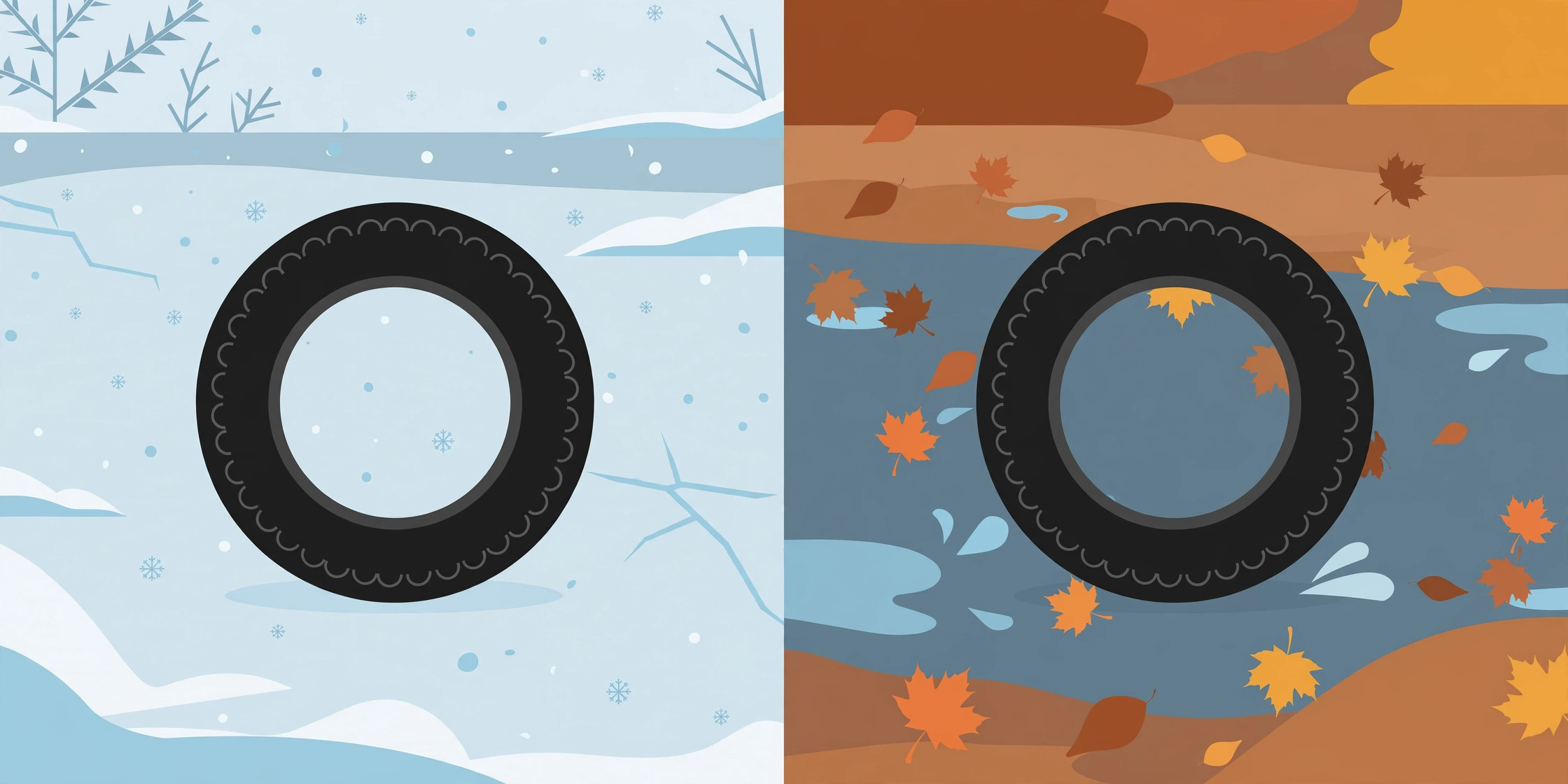 Flat illustration of two tires, one on icy snow and one on a wet autumn road with leaves