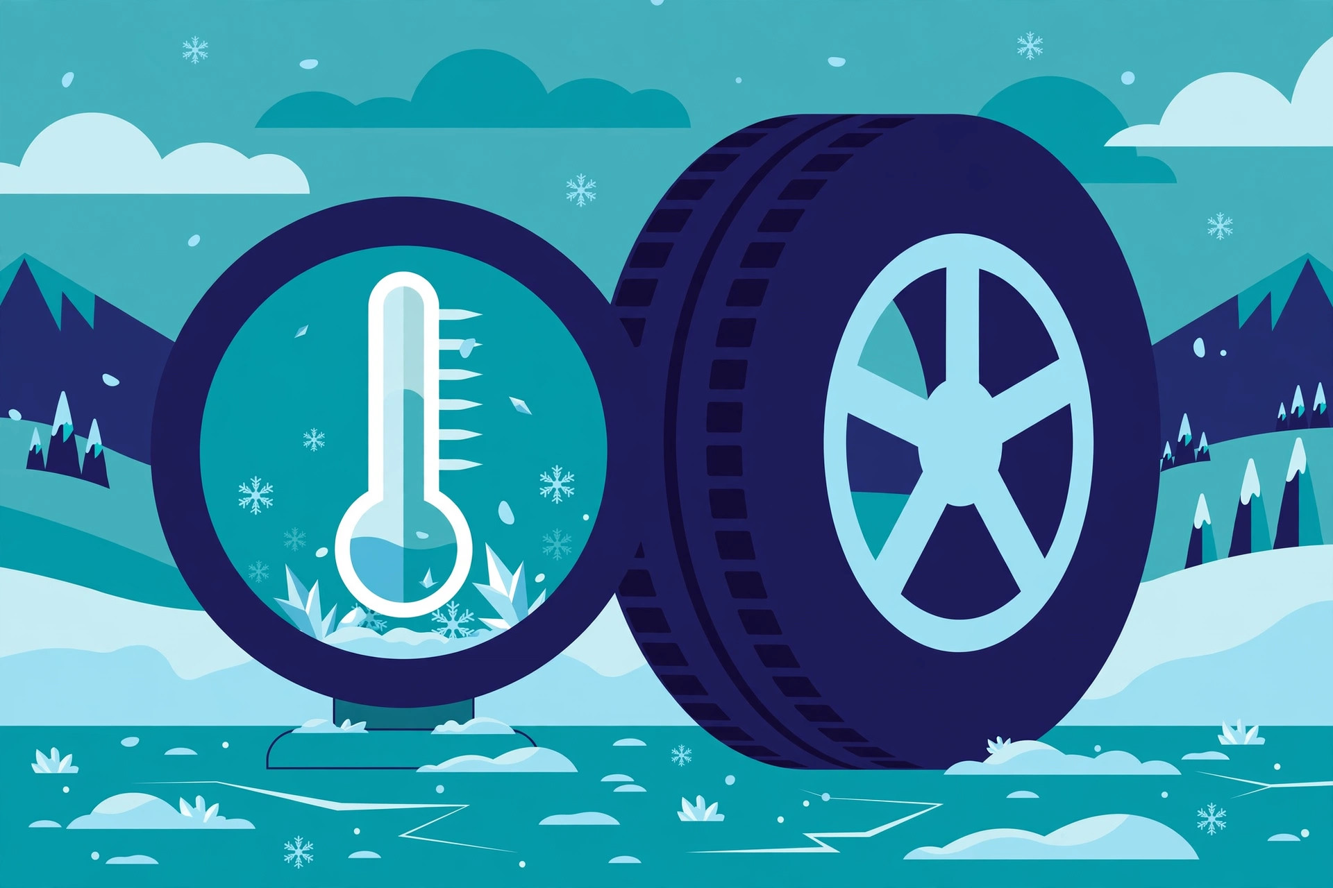 Flat illustration of a thermometer showing 7 degrees beside a car tire