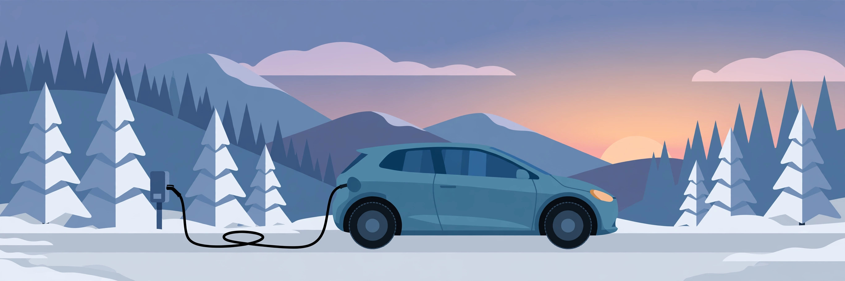 Flat illustration of a blue electric hatchback plugged into a charger in a snowy pine forest at dusk