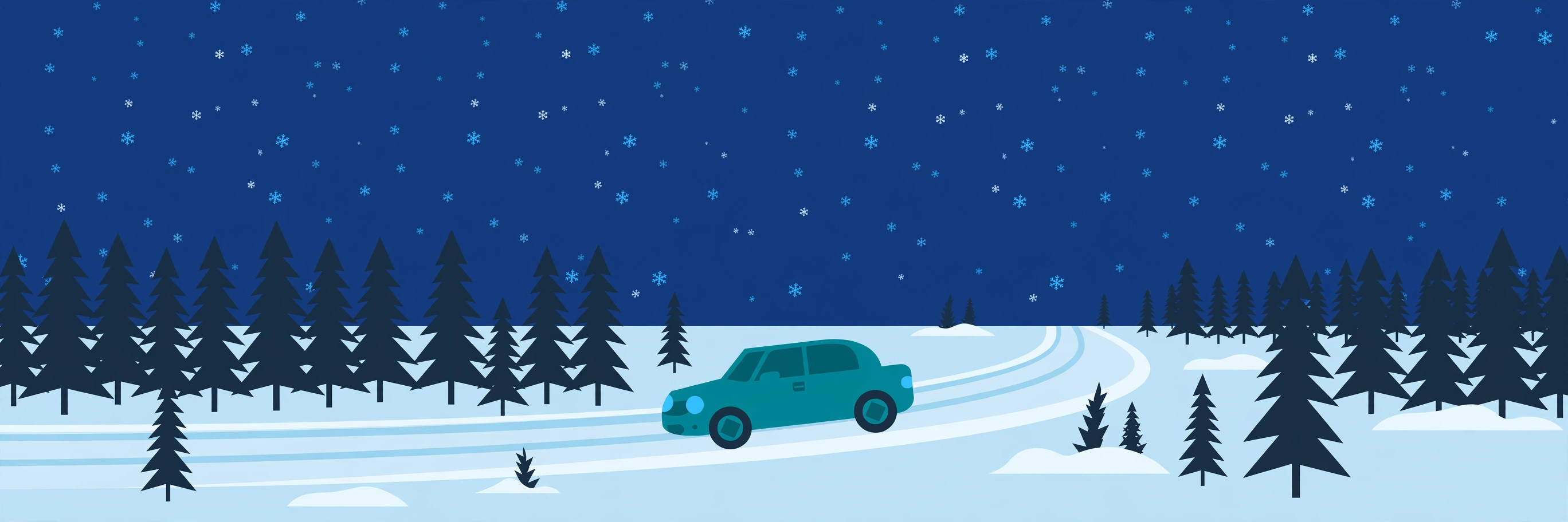 Flat illustration of a car driving on a snowy road with winter tires