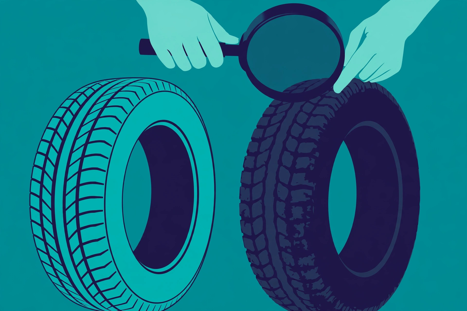 Flat illustration of hands inspecting a used tire's tread
