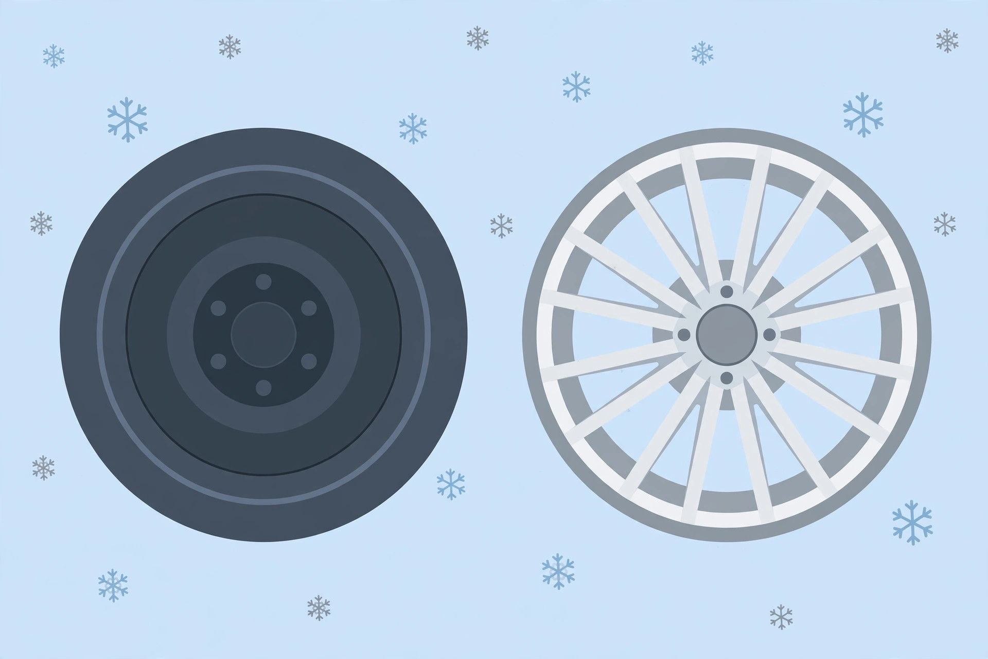 Flat illustration comparing a dark steel wheel and a silver alloy wheel with snowflakes