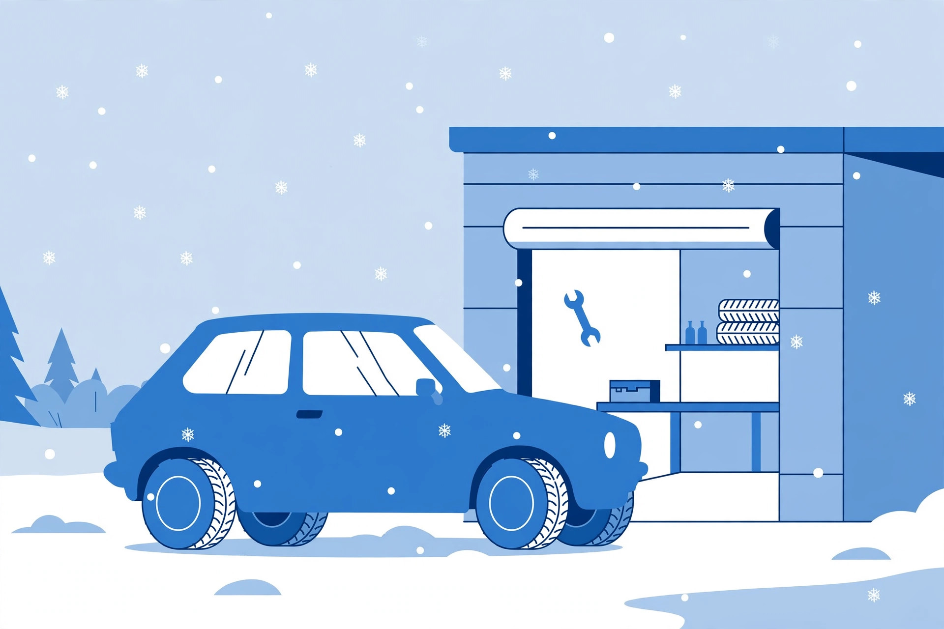 Flat illustration of a car parked outside a garage service bay in falling snow