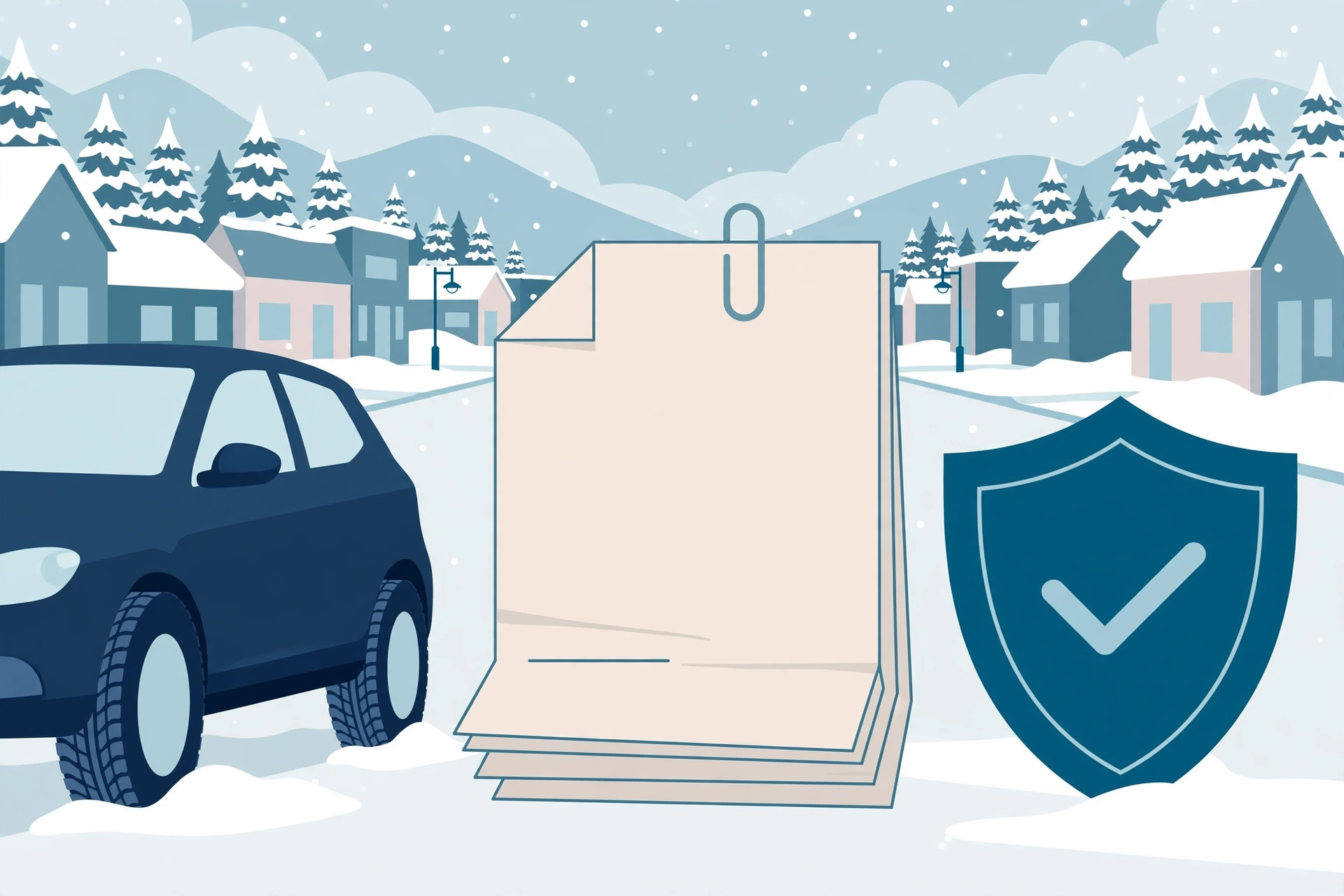 Flat illustration of a car with winter tires beside a blank policy document and shield in a snowy town