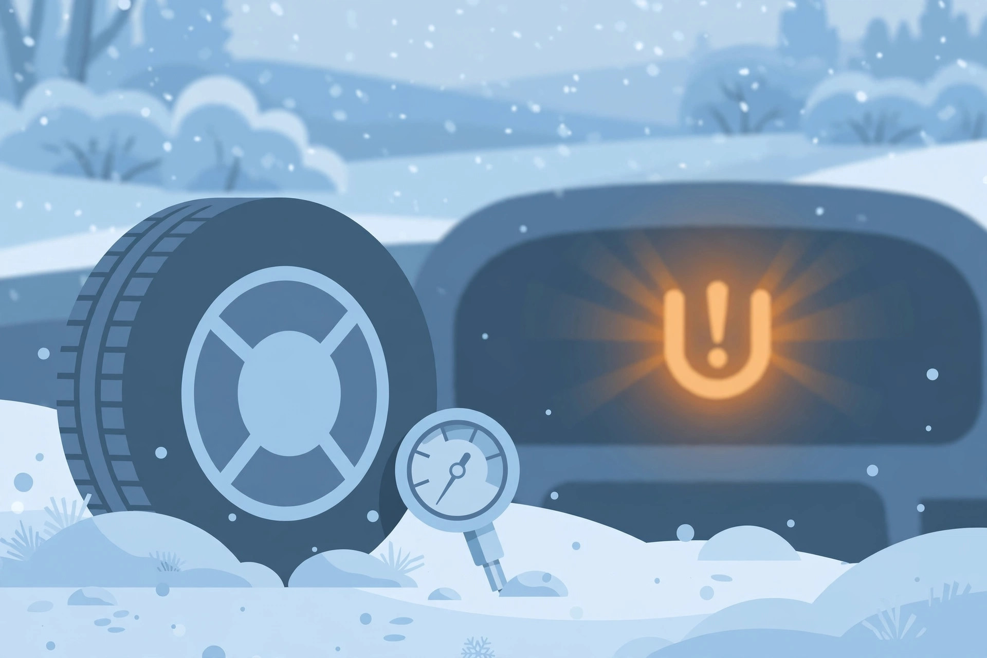 Flat illustration of a winter tire and pressure gauge in snow beside a glowing TPMS warning symbol