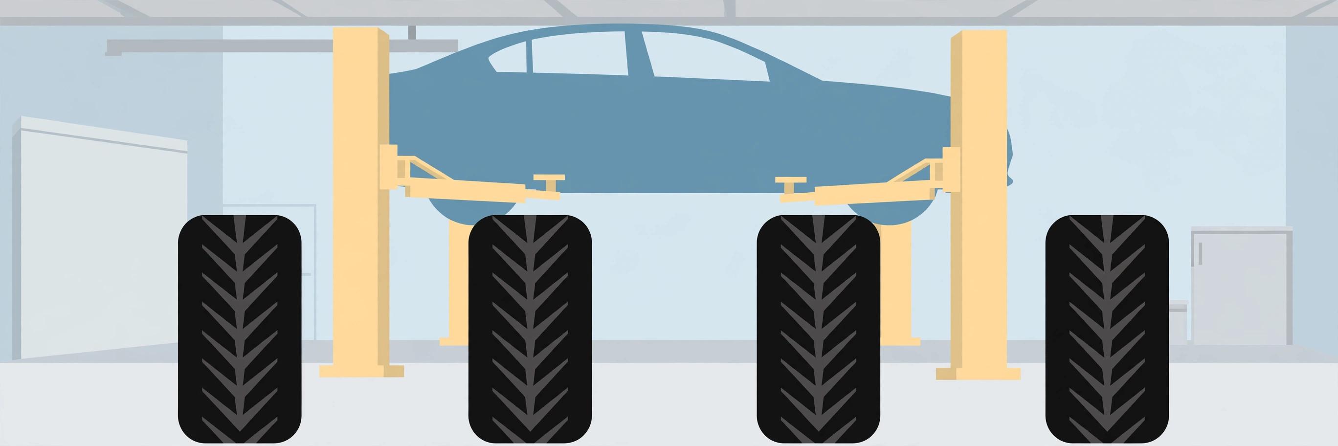 Flat illustration of four winter tires with V-shaped tread in front of a car raised on a garage lift