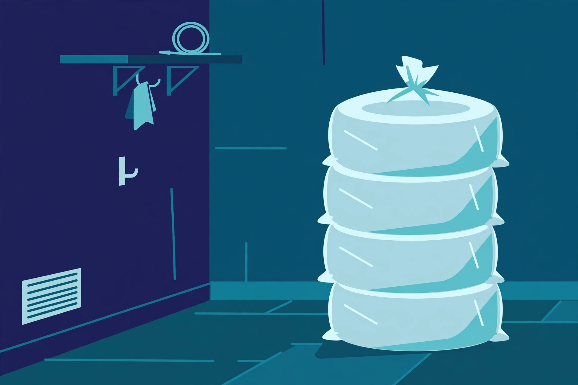 Flat illustration of winter tires stored properly in bags in a garage