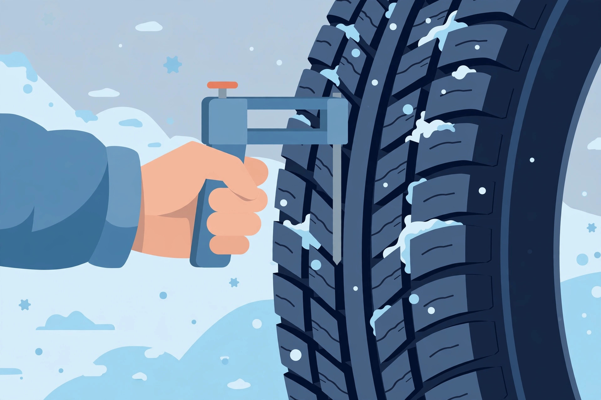 Flat illustration of a hand holding a tread depth gauge against a snowy winter tire